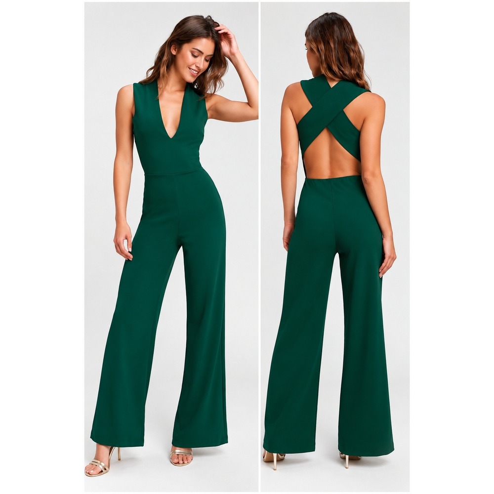 NWT Lulus Jumpsuit Thinking Out Loud Hunter Green Backless Wide Leg Jumpsuit - S
